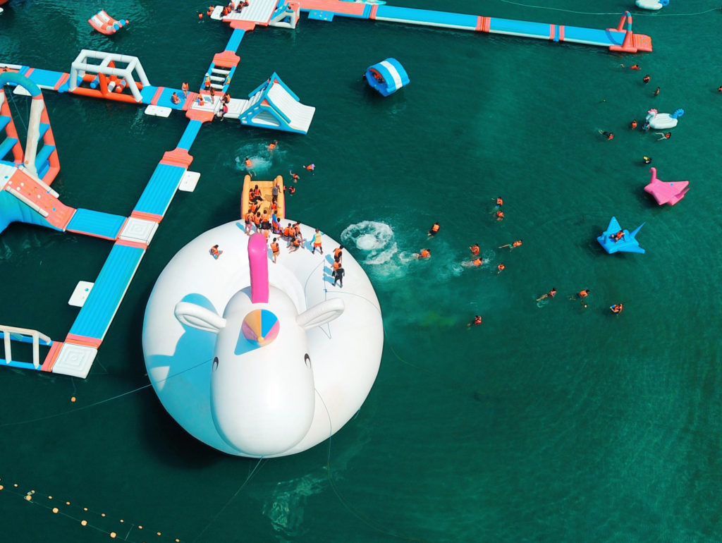 unicornzilla on inflatable island