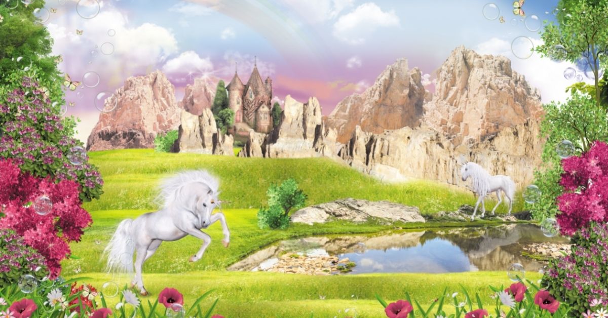 Where Do Unicorns Live - White Unicorns in a Fantasy Land with a Castle and Rainbow