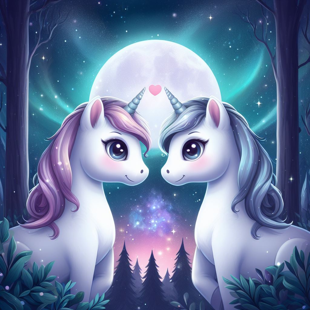 Two Unicorns in Love Under the Moon